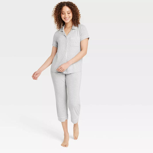 Women's Cloud Knit Short Sleeve Notch Collar Top and Cropped Pants Pajama Set