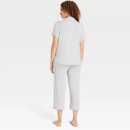 Women's Cloud Knit Short Sleeve Notch Collar Top and Cropped Pants Pajama Set